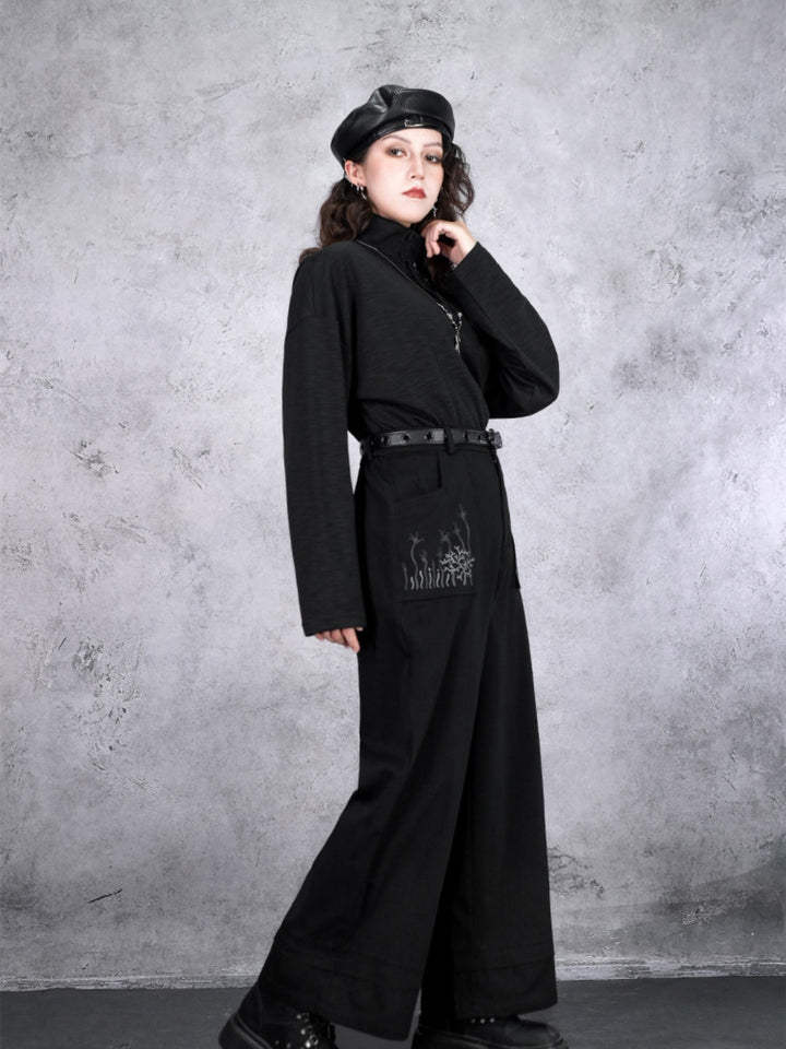 Black Patch Convertible-Collar Long-Sleeve Shirt