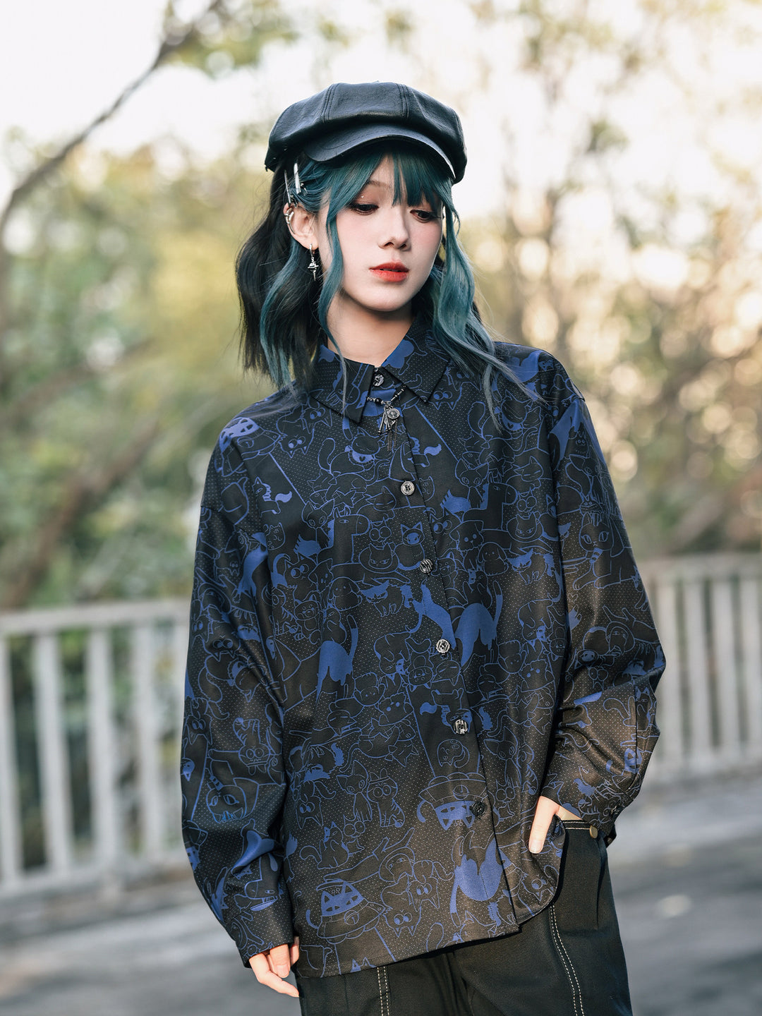 All-Over Cartoon Cat Print Long-Sleeve Shirt