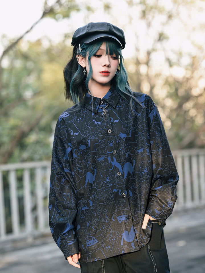 All-Over Cartoon Cat Print Long-Sleeve Shirt