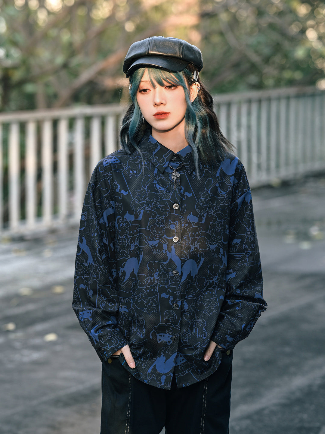 All-Over Cartoon Cat Print Long-Sleeve Shirt