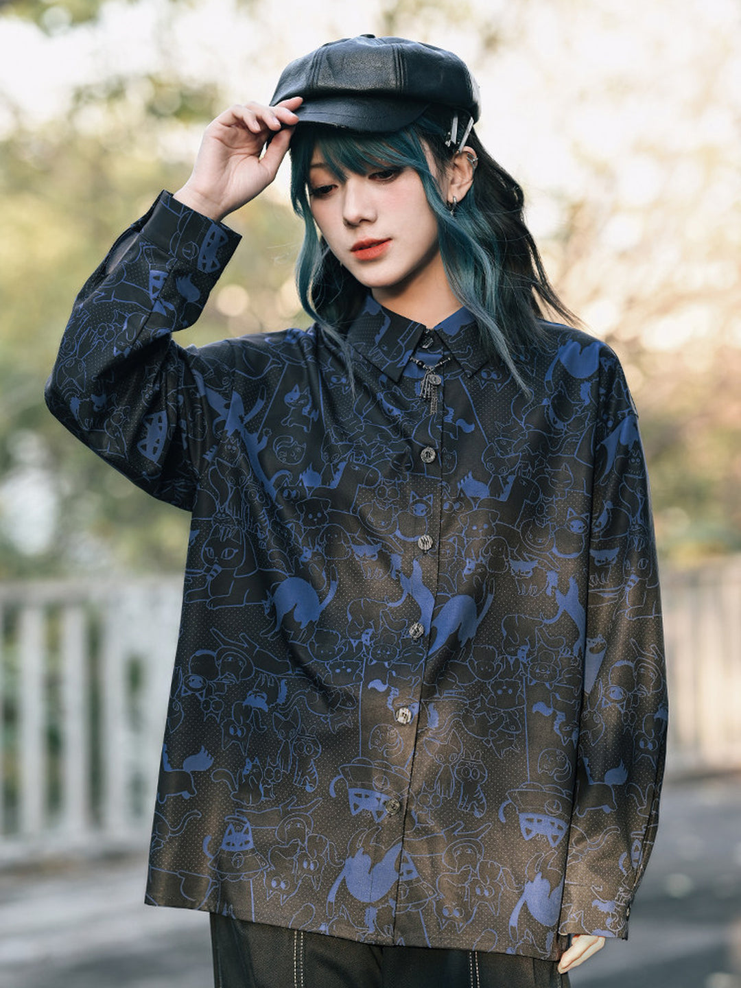All-Over Cartoon Cat Print Long-Sleeve Shirt