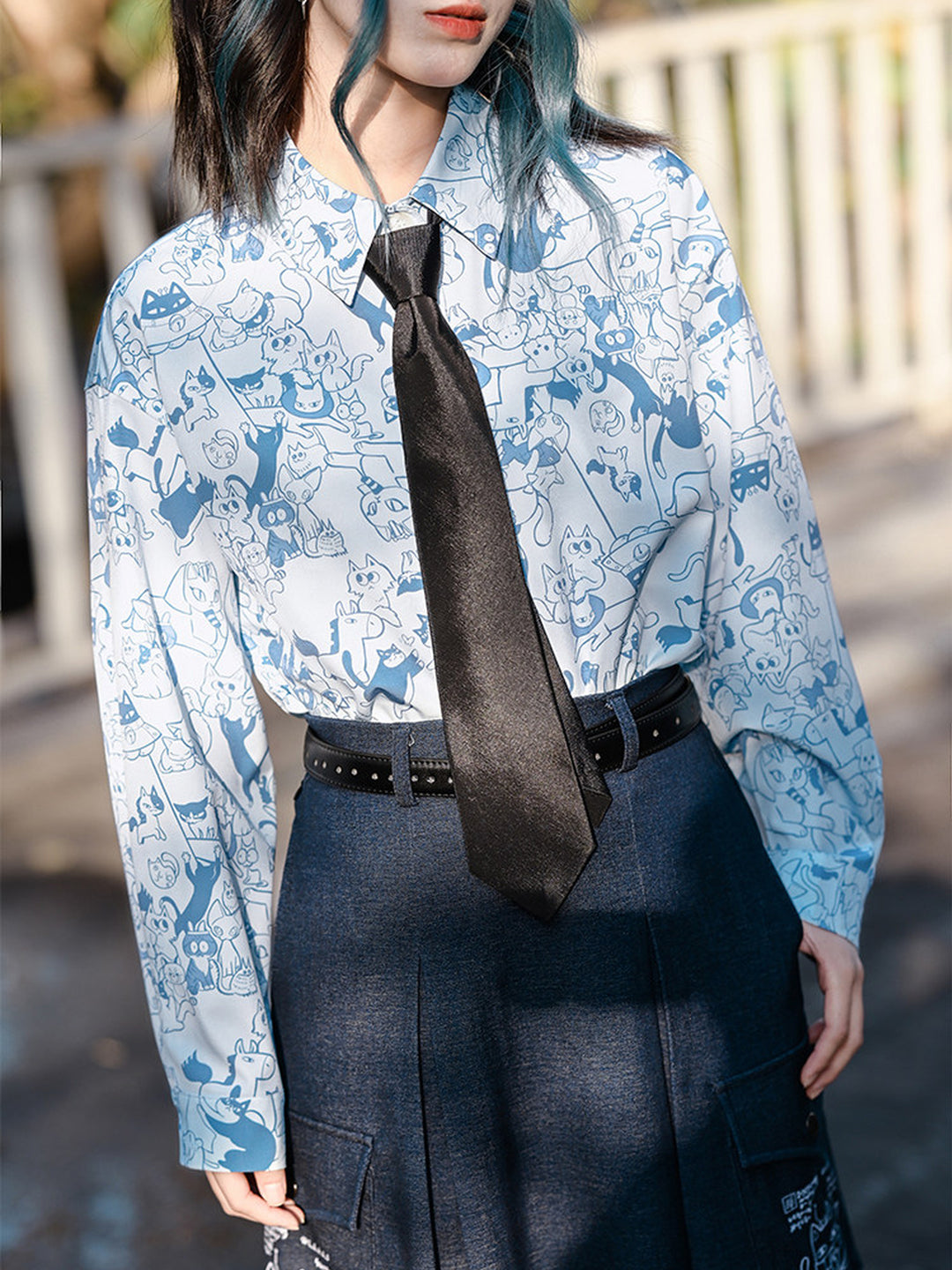 All-Over Cartoon Cat Print Long-Sleeve Shirt
