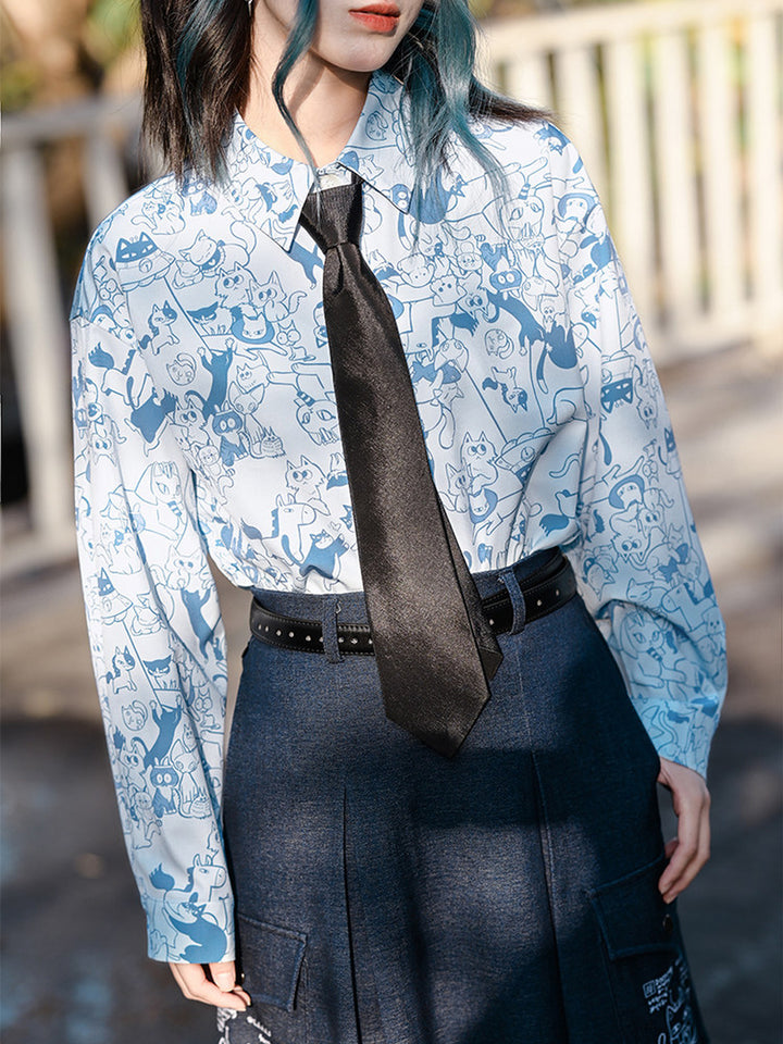All-Over Cartoon Cat Print Long-Sleeve Shirt