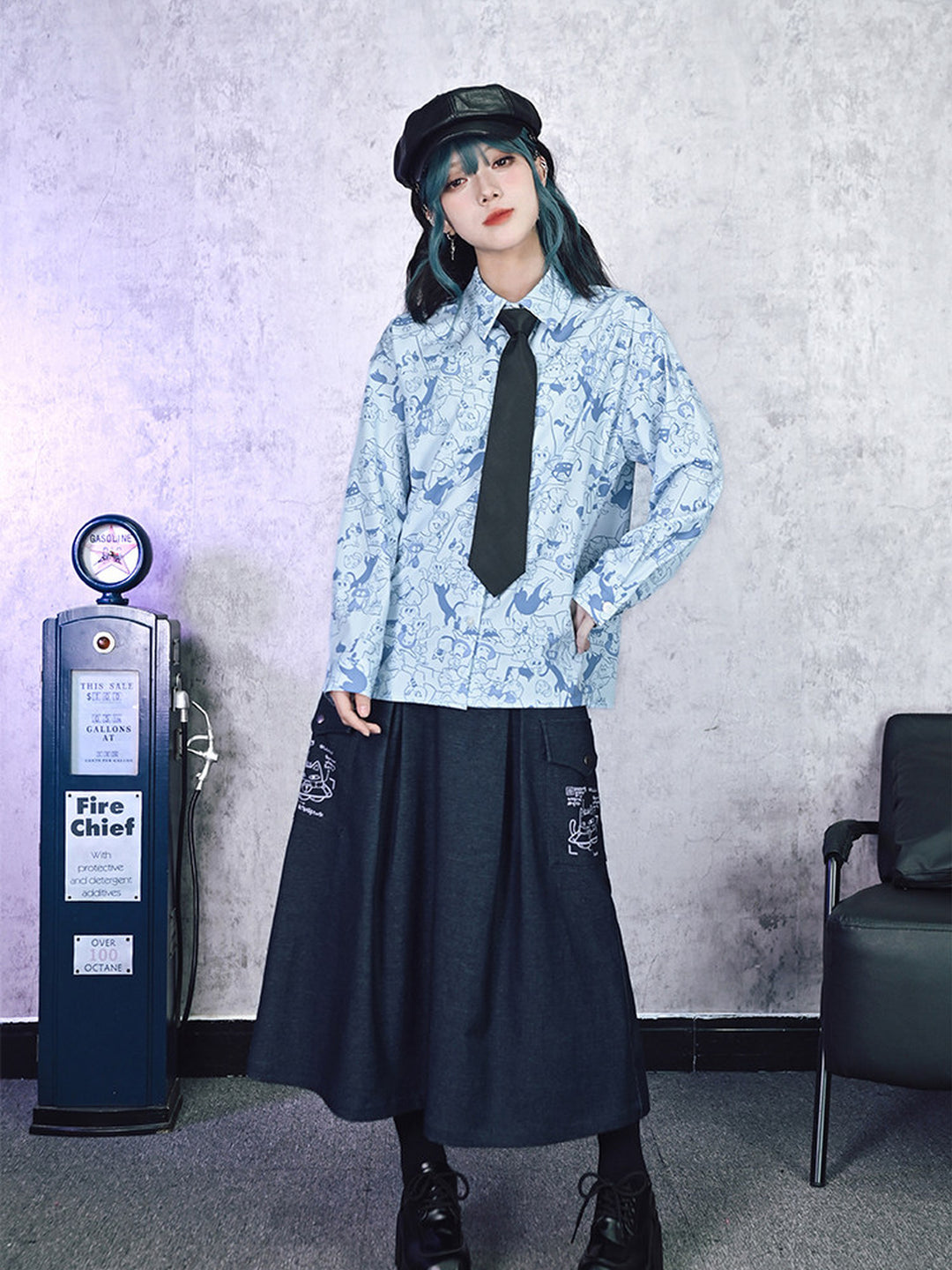 All-Over Cartoon Cat Print Long-Sleeve Shirt