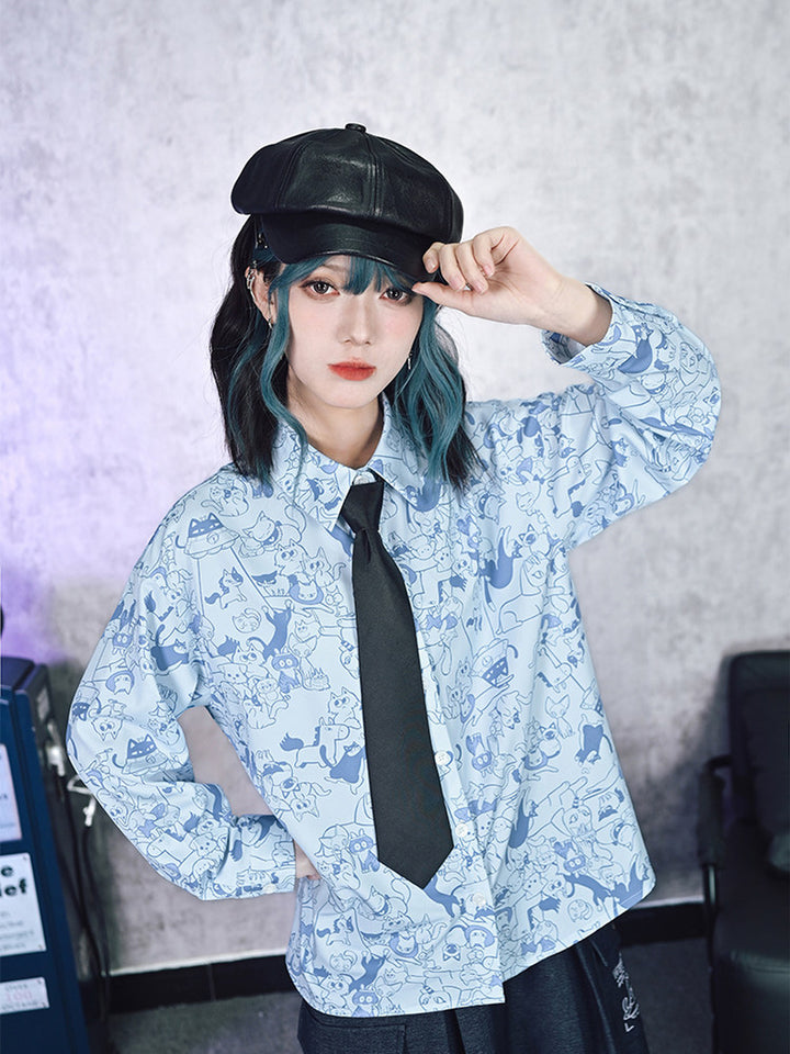 All-Over Cartoon Cat Print Long-Sleeve Shirt