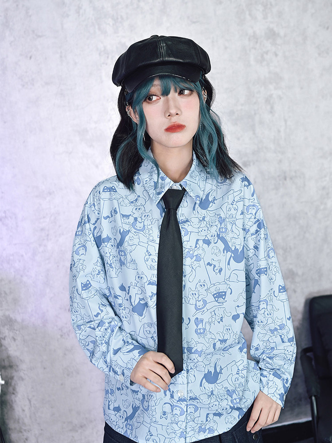 All-Over Cartoon Cat Print Long-Sleeve Shirt