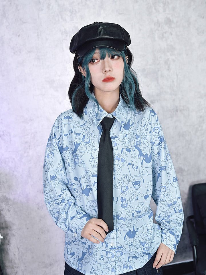 All-Over Cartoon Cat Print Long-Sleeve Shirt