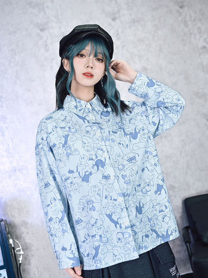 All-Over Cartoon Cat Print Long-Sleeve Shirt