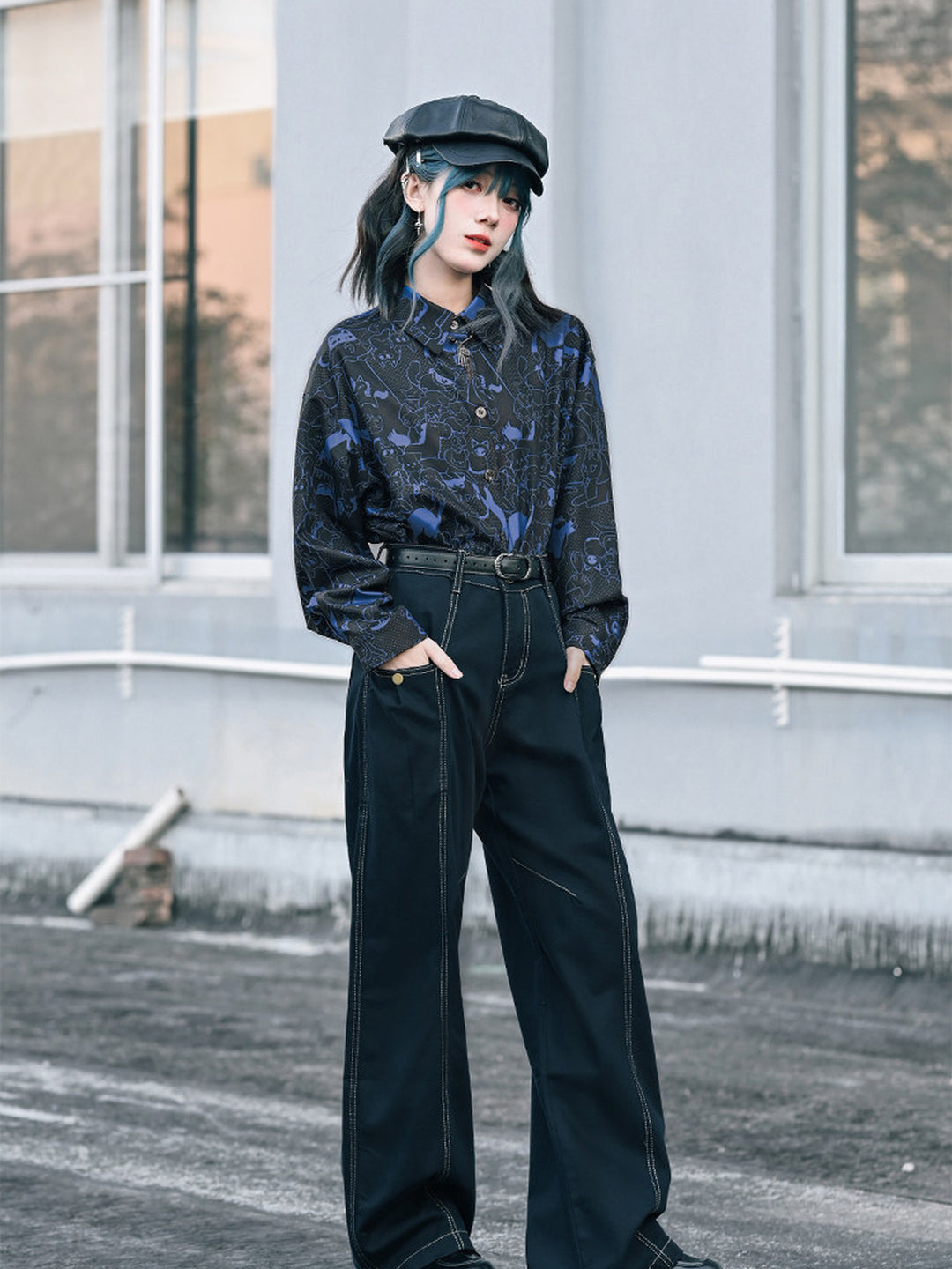 All-Over Cartoon Cat Print Long-Sleeve Shirt