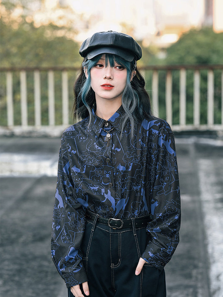 All-Over Cartoon Cat Print Long-Sleeve Shirt