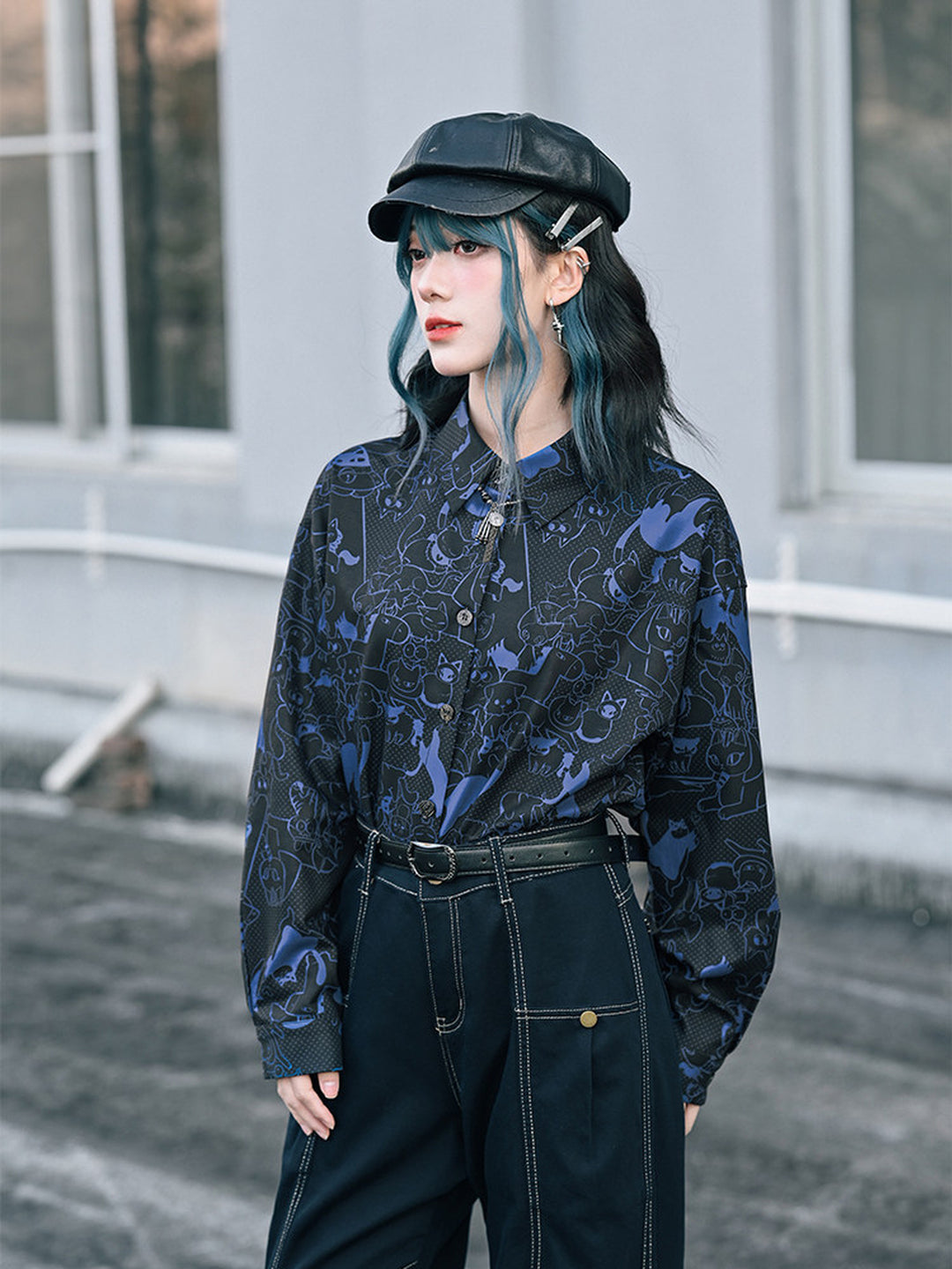 All-Over Cartoon Cat Print Long-Sleeve Shirt