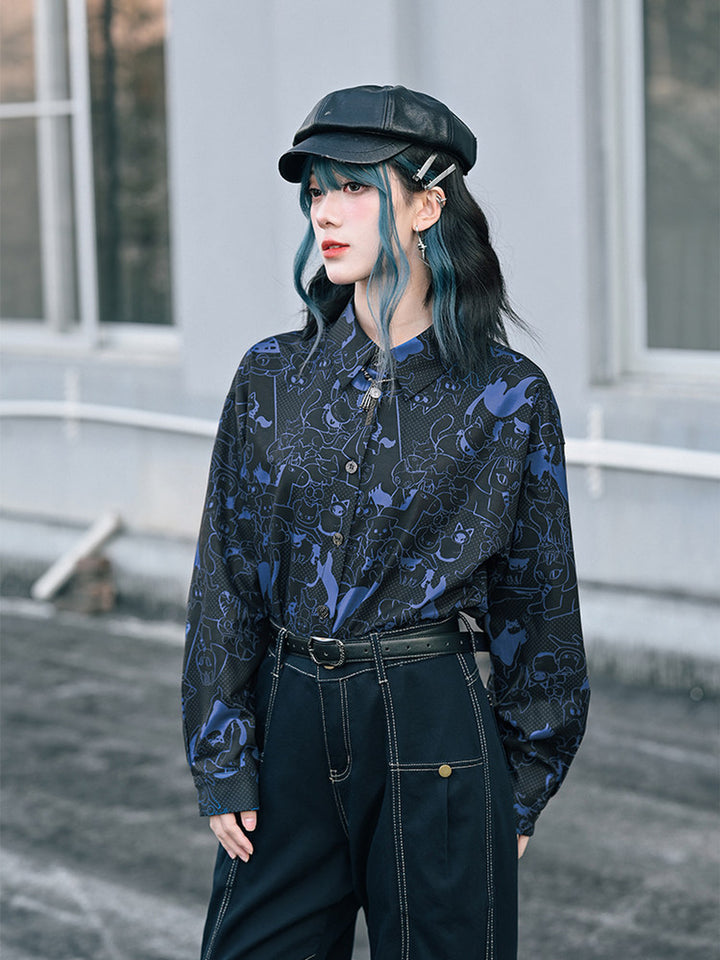 All-Over Cartoon Cat Print Long-Sleeve Shirt