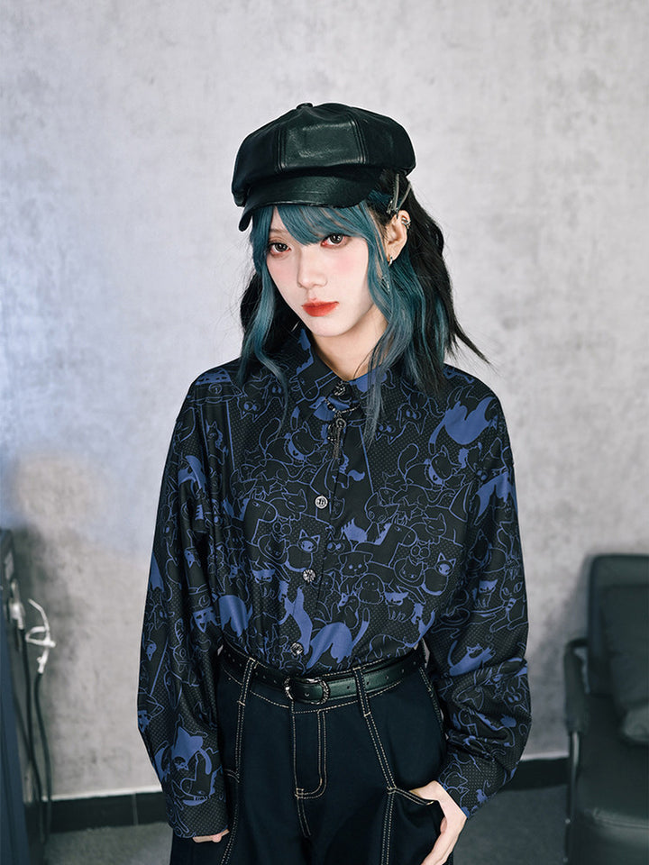 All-Over Cartoon Cat Print Long-Sleeve Shirt