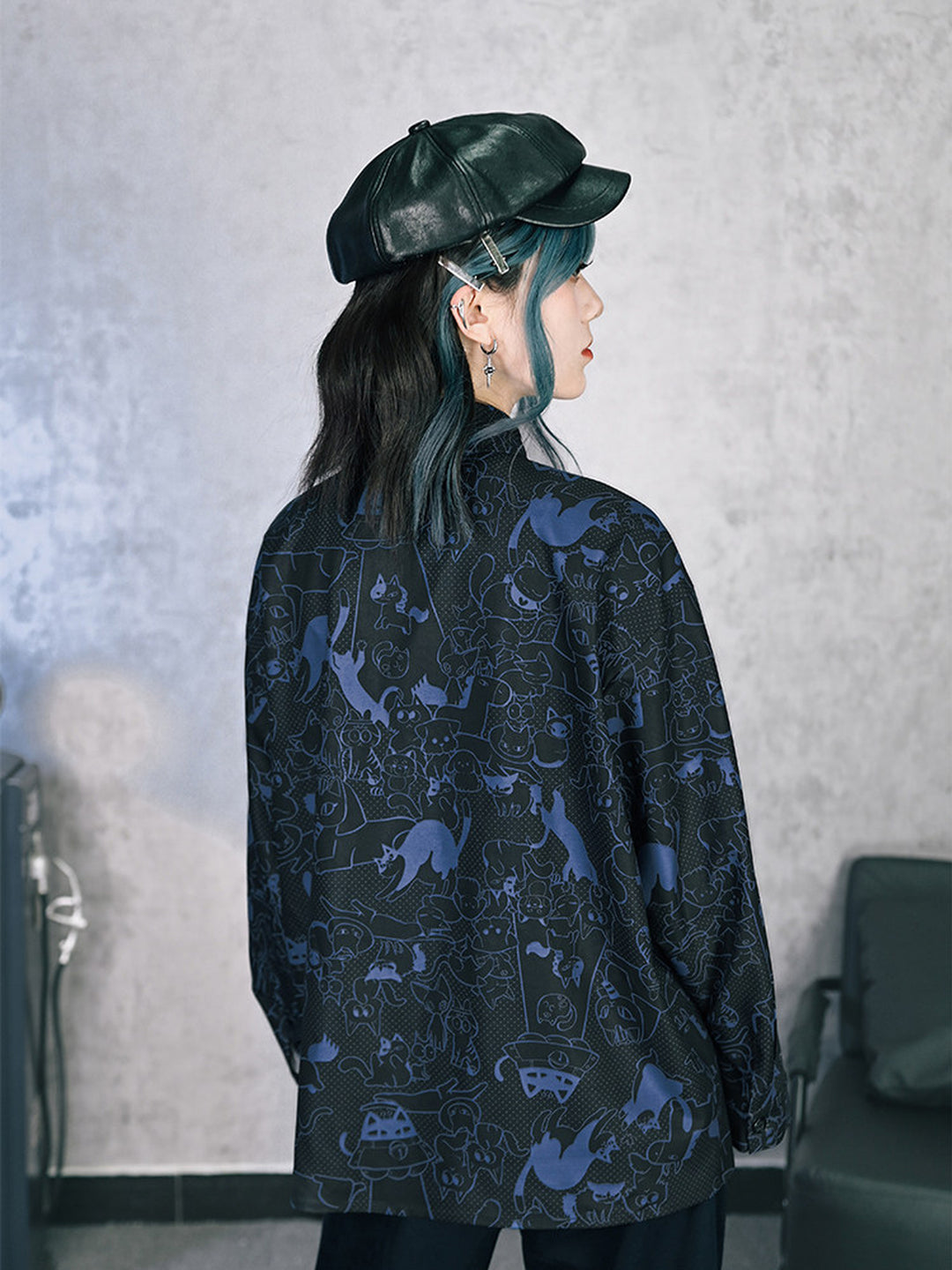 All-Over Cartoon Cat Print Long-Sleeve Shirt