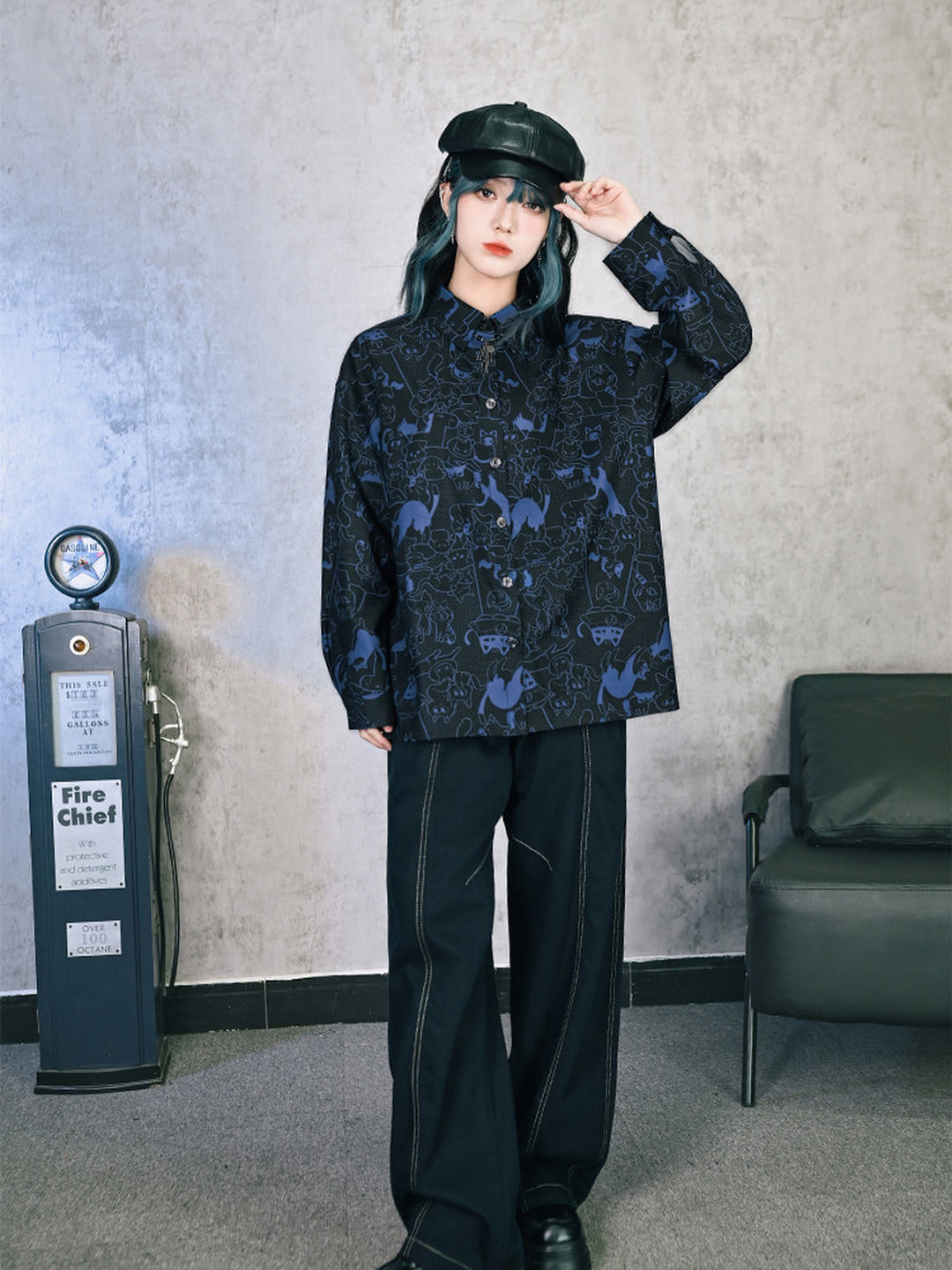 All-Over Cartoon Cat Print Long-Sleeve Shirt