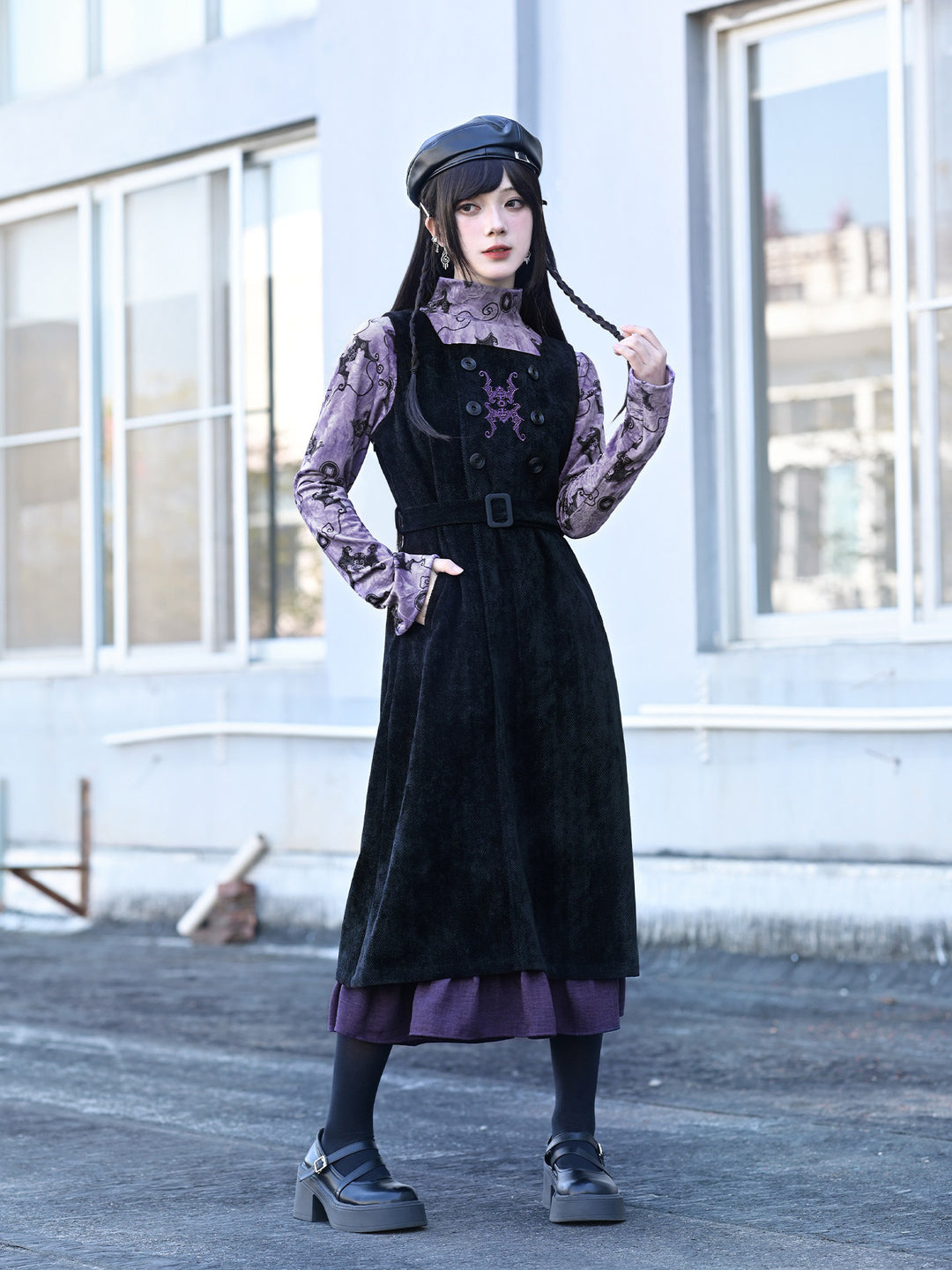 Purple Bat Print High-Neck Long-Sleeve Shirt