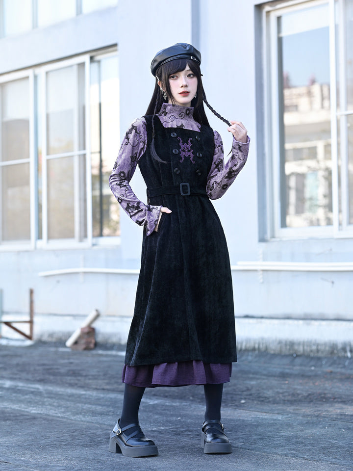 Purple Bat Print High-Neck Long-Sleeve Shirt