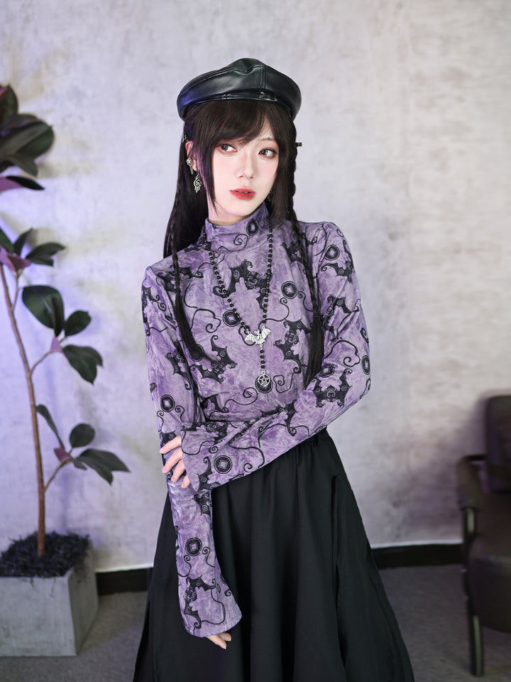 Purple Bat Print High-Neck Long-Sleeve Shirt