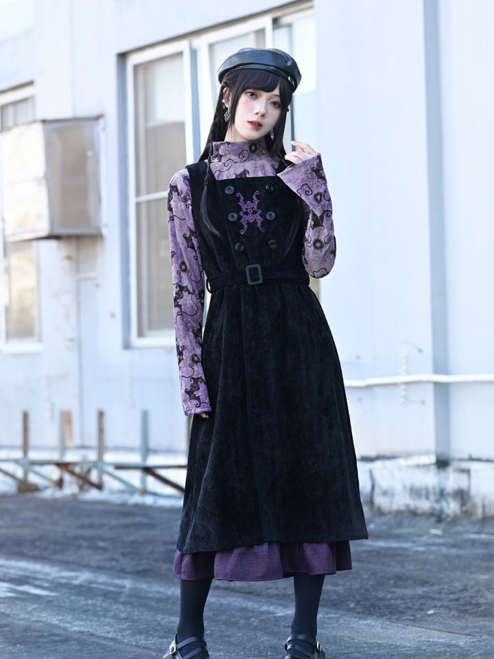 Purple Bat Print High-Neck Long-Sleeve Shirt
