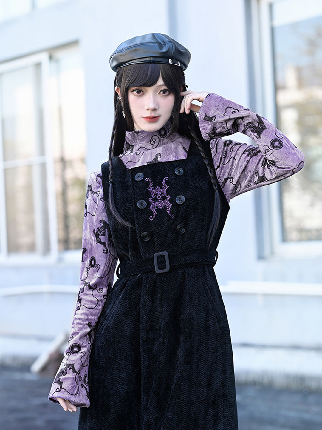 Purple Bat Print High-Neck Long-Sleeve Shirt