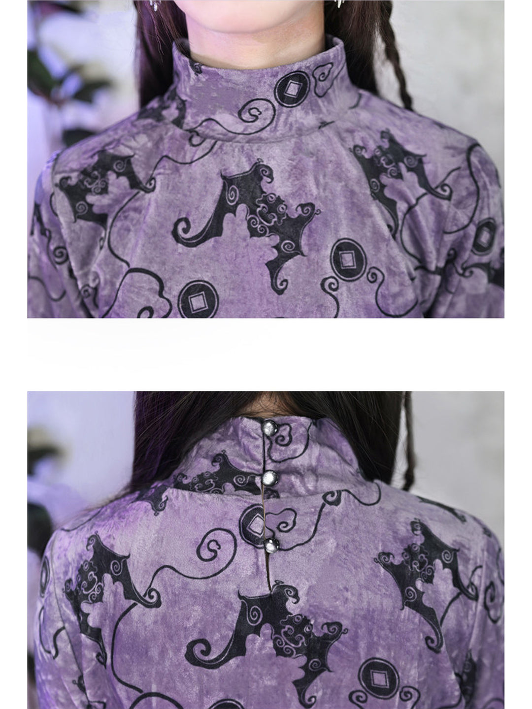 Purple Bat Print High-Neck Long-Sleeve Shirt