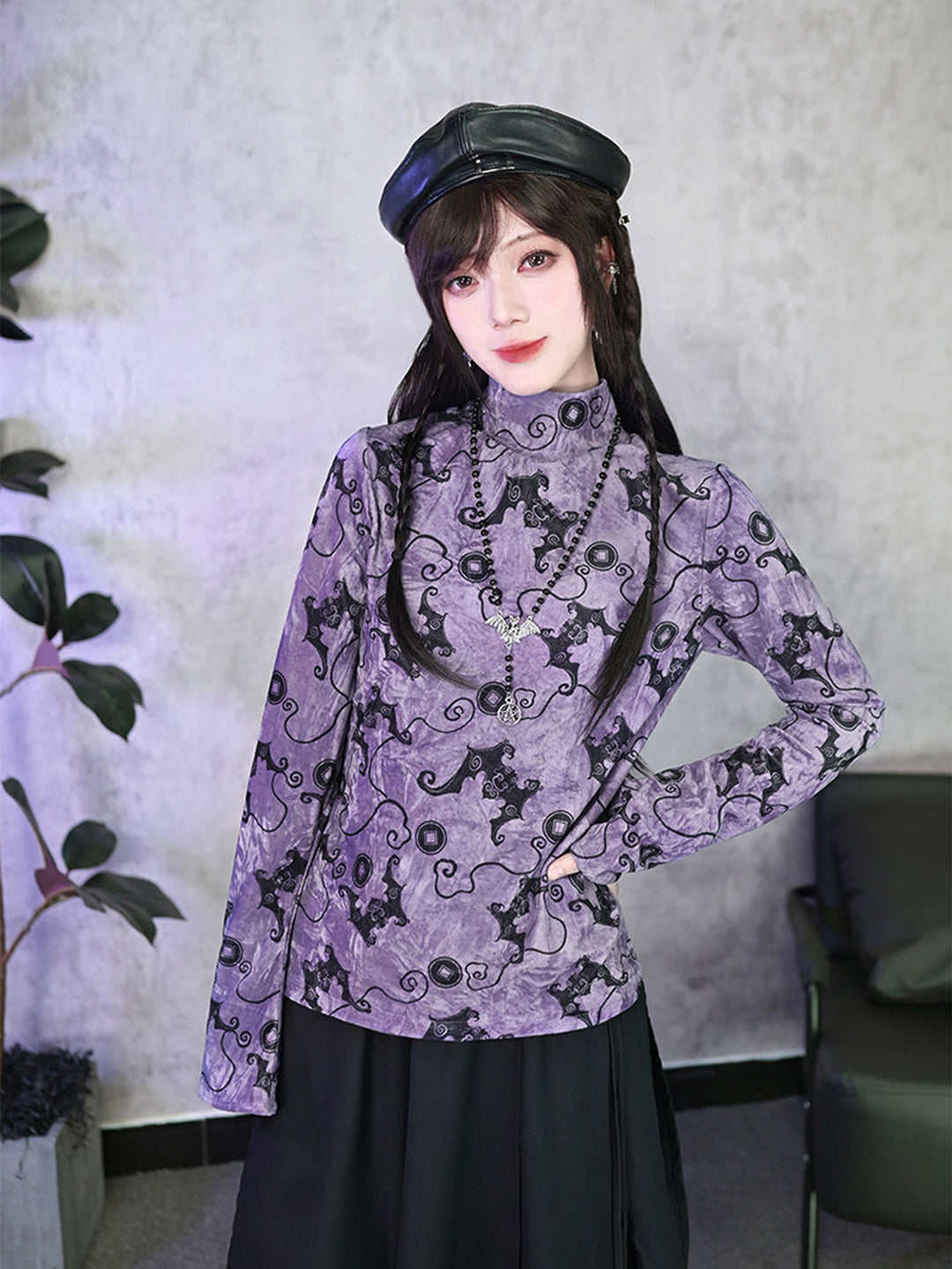 Purple Bat Print High-Neck Long-Sleeve Shirt
