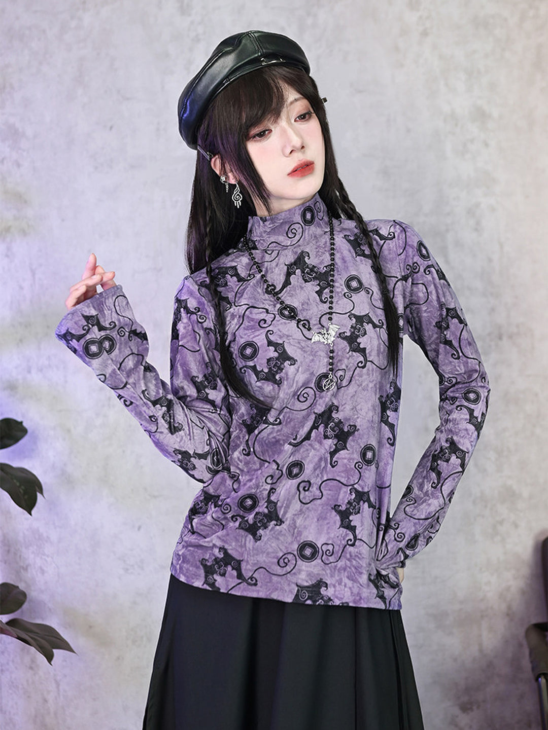 Purple Bat Print High-Neck Long-Sleeve Shirt
