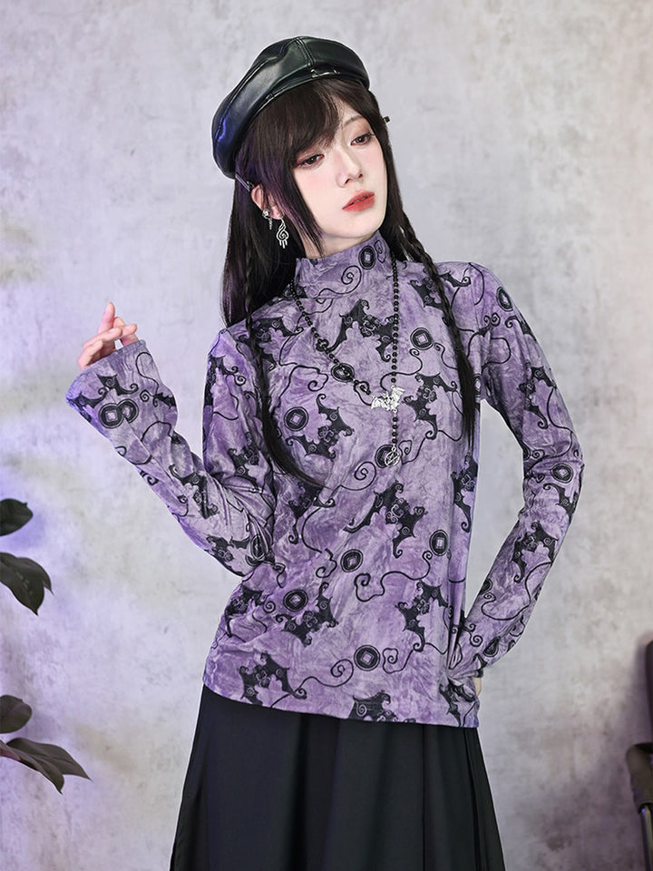 Purple Bat Print High-Neck Long-Sleeve Shirt