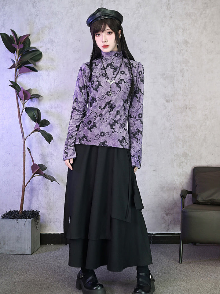 Purple Bat Print High-Neck Long-Sleeve Shirt