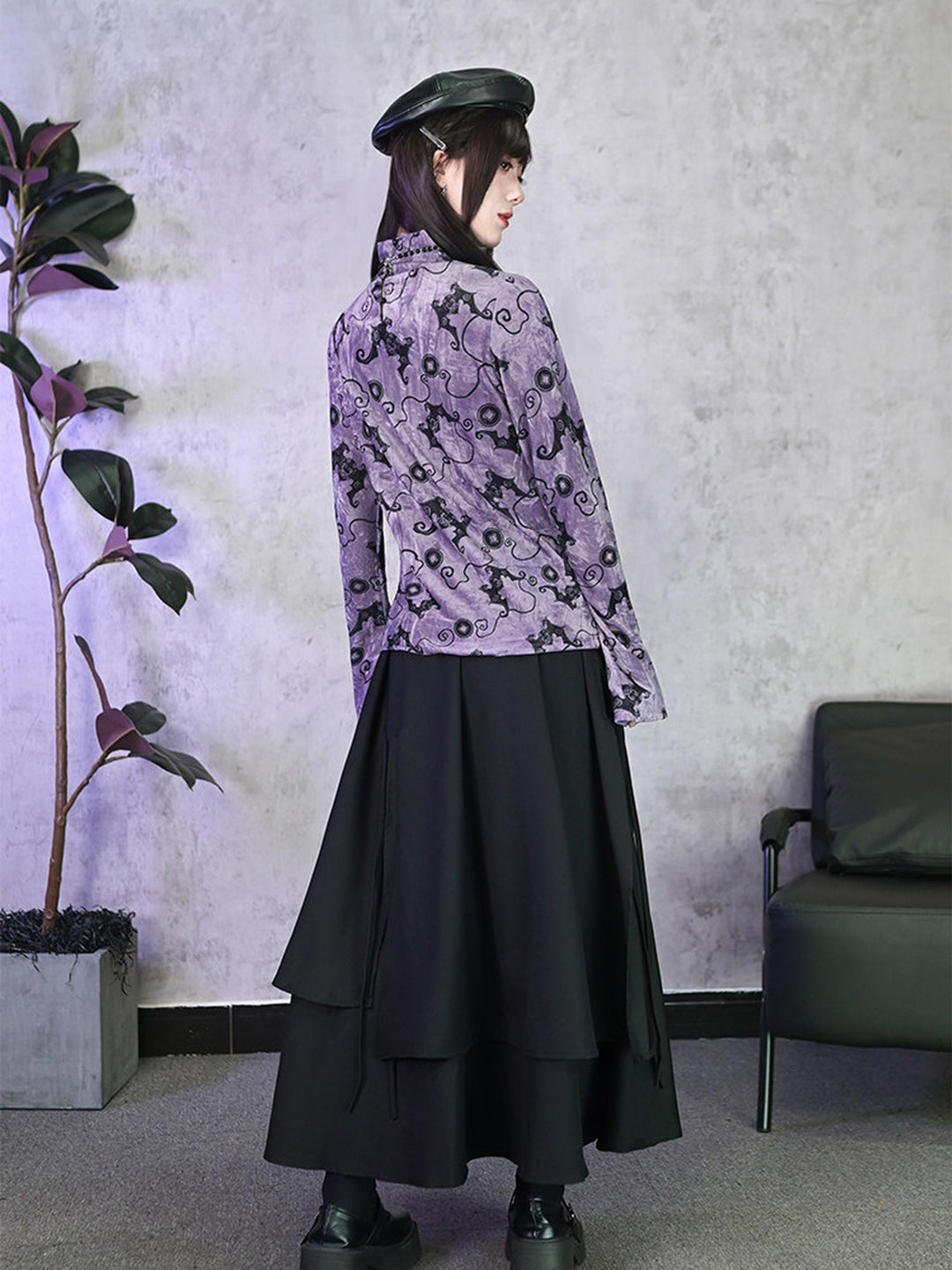 Purple Bat Print High-Neck Long-Sleeve Shirt