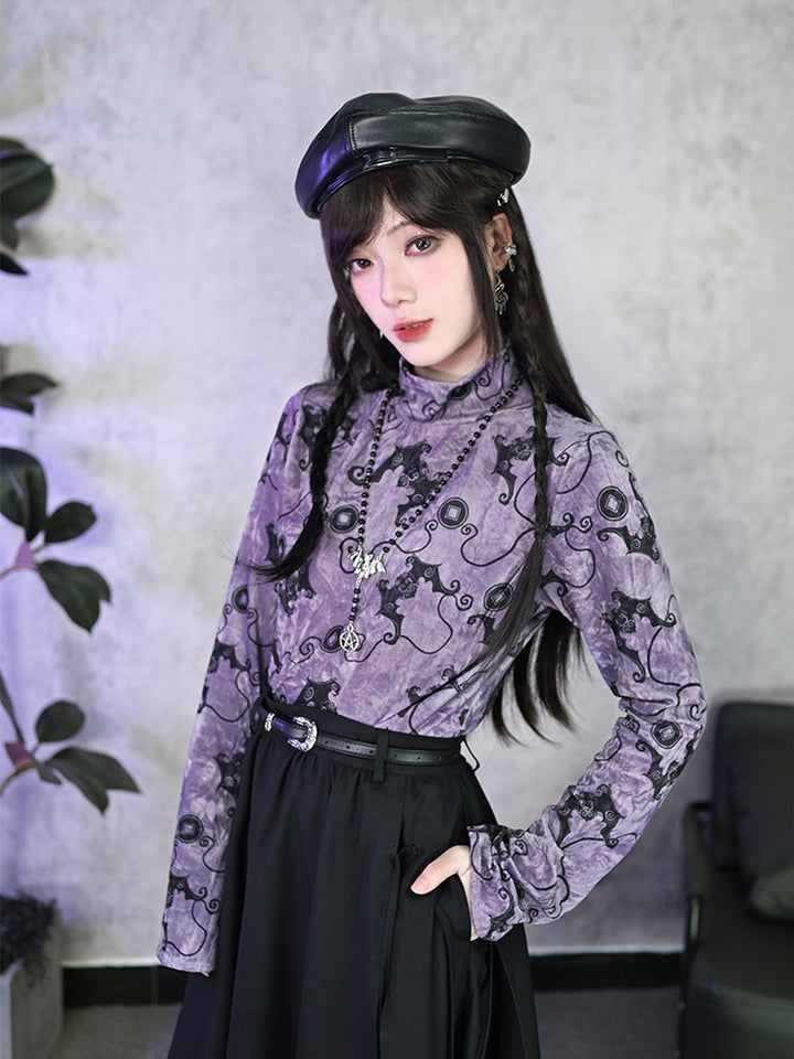 Purple Bat Print High-Neck Long-Sleeve Shirt