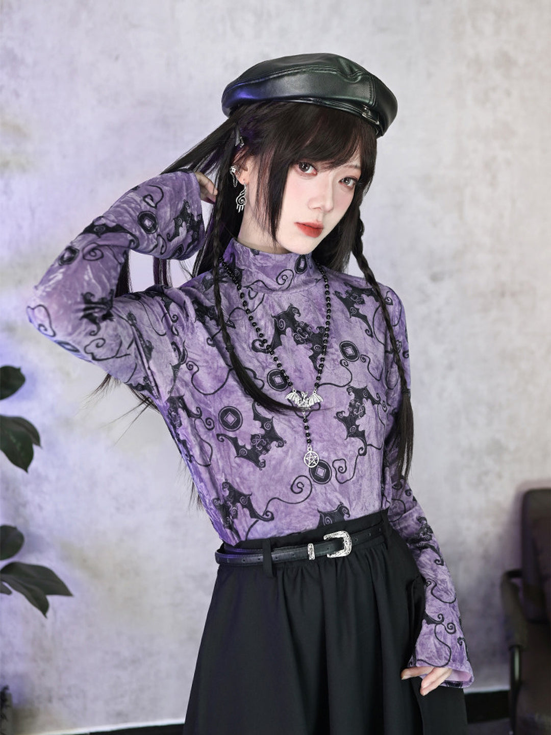 Purple Bat Print High-Neck Long-Sleeve Shirt