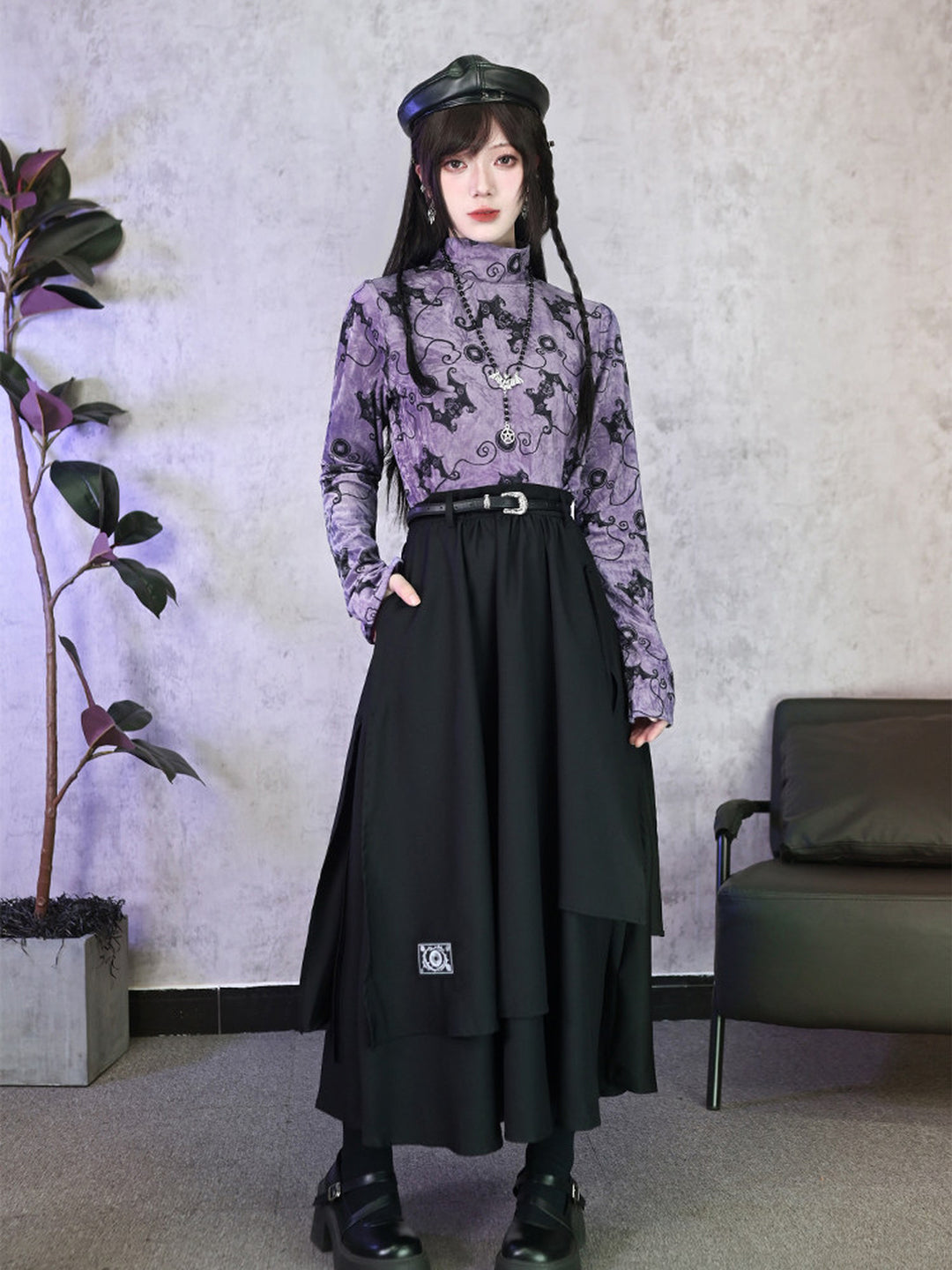 Purple Bat Print High-Neck Long-Sleeve Shirt
