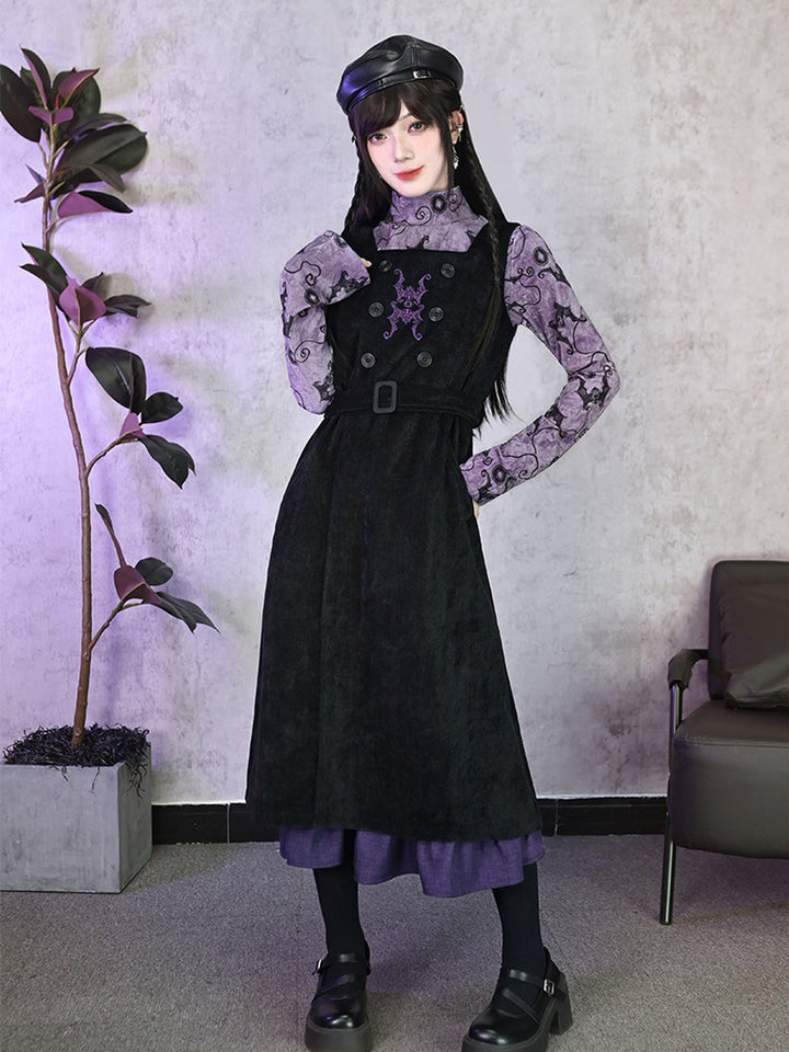 Purple Bat Print High-Neck Long-Sleeve Shirt