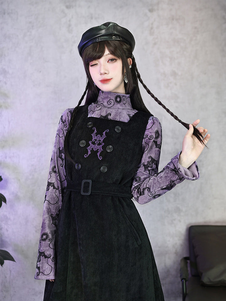 Purple Bat Print High-Neck Long-Sleeve Shirt