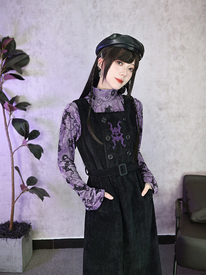 Purple Bat Print High-Neck Long-Sleeve Shirt