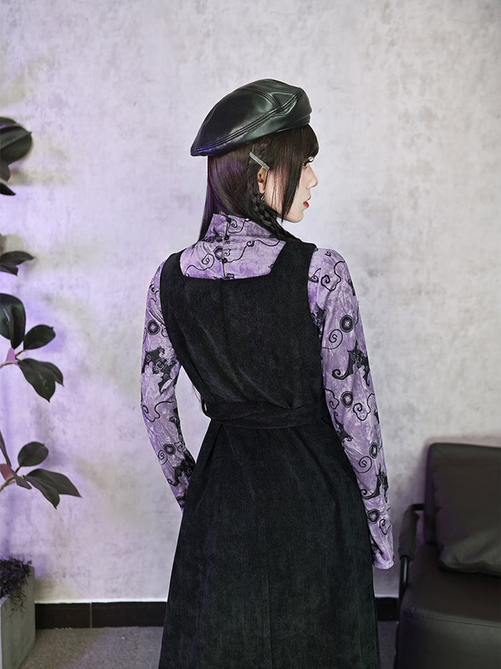 Purple Bat Print High-Neck Long-Sleeve Shirt