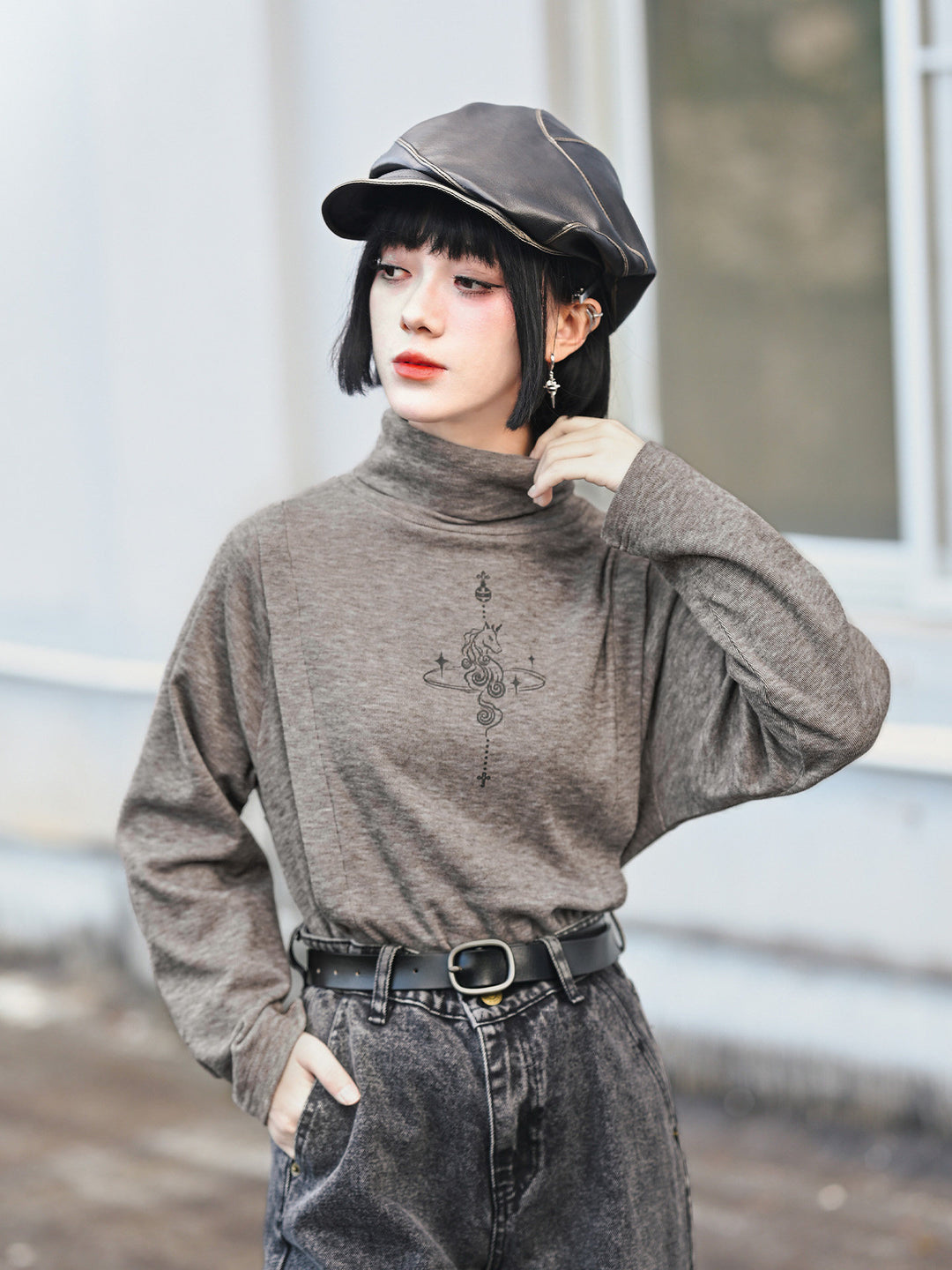 Horse Graphic Turtleneck Long-Sleeve Top