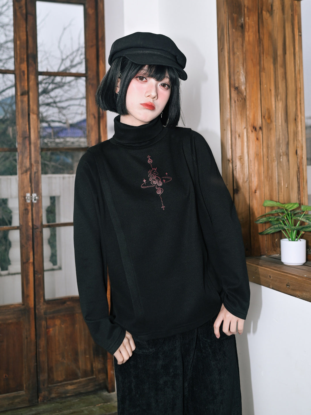 Horse Graphic Turtleneck Long-Sleeve Top