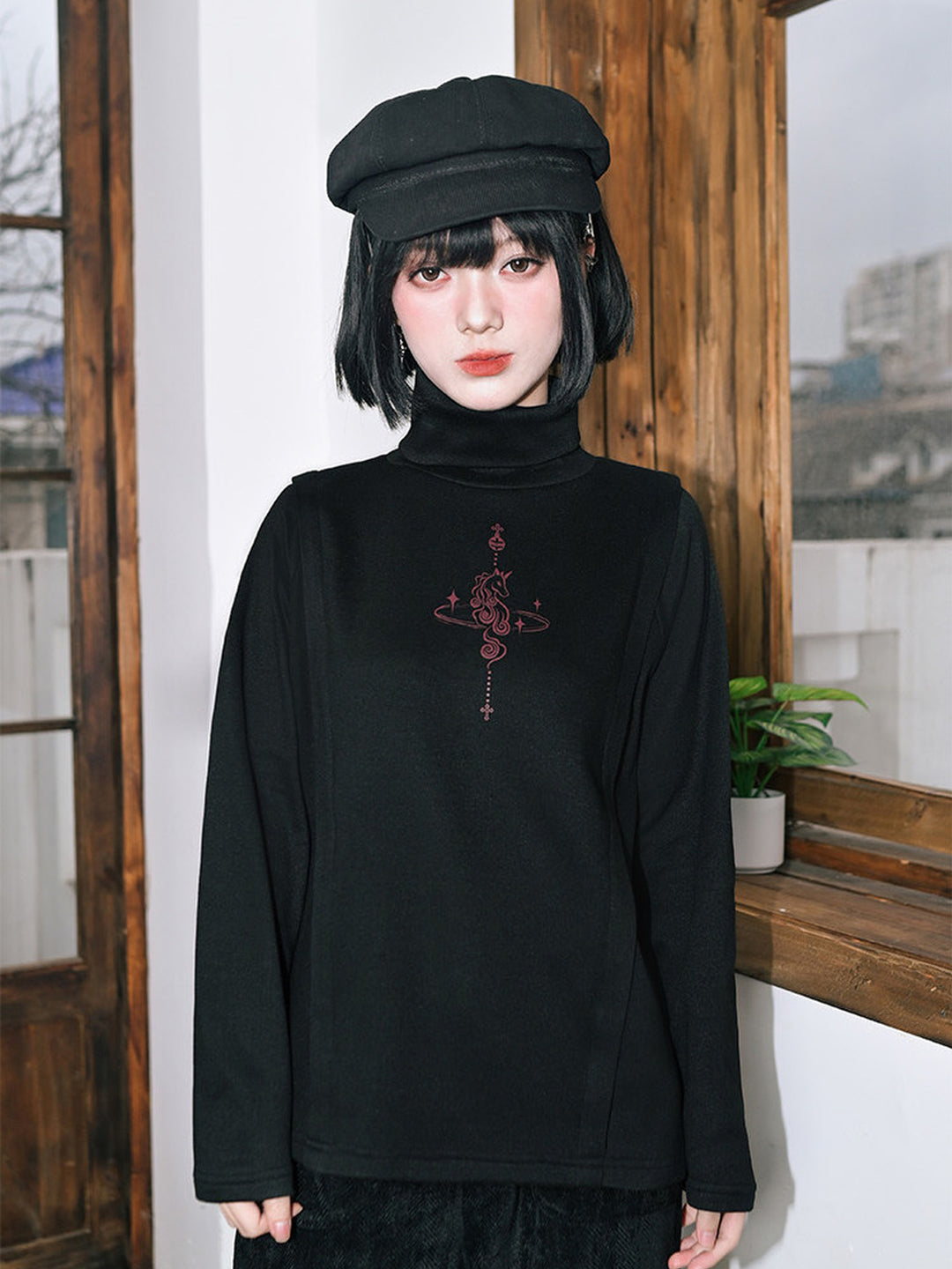 Horse Graphic Turtleneck Long-Sleeve Top
