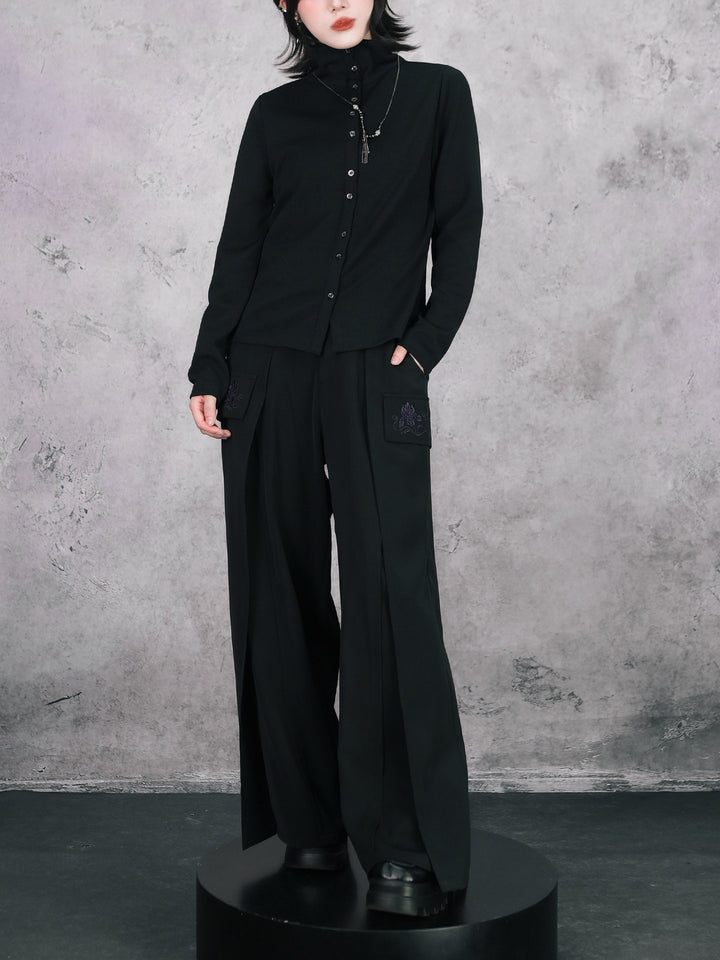 Black Iris Embroidered Flap-Pocket Wide-Leg Pants
