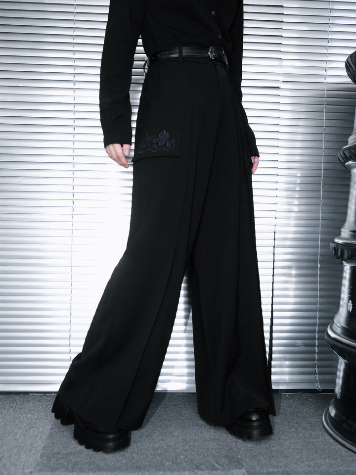 Black Iris Embroidered Flap-Pocket Wide-Leg Pants