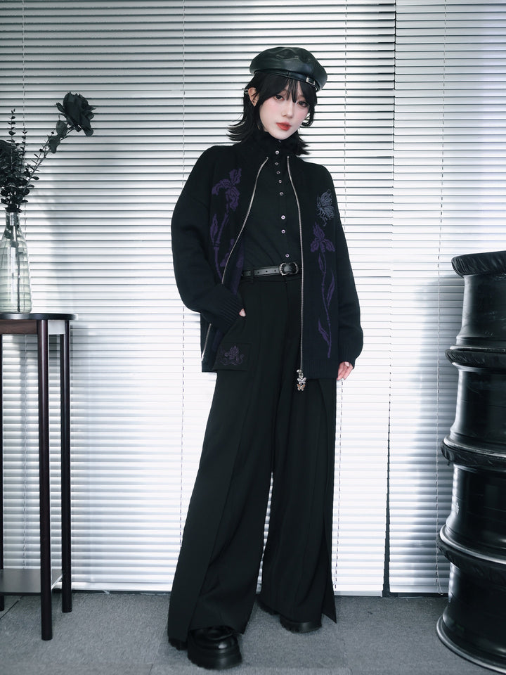 Black Iris Embroidered Flap-Pocket Wide-Leg Pants