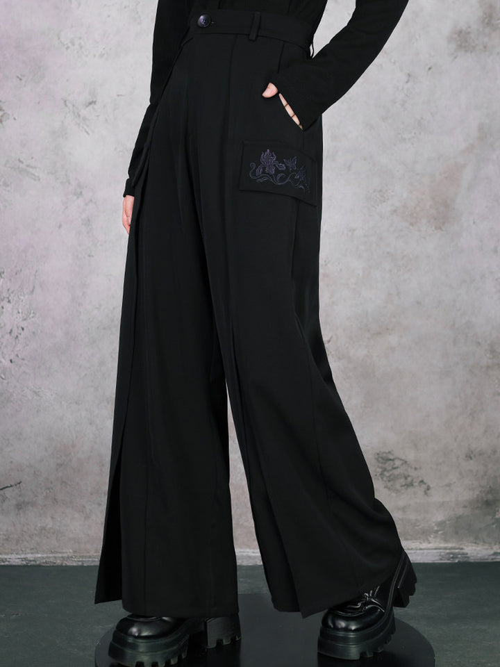 Black Iris Embroidered Flap-Pocket Wide-Leg Pants