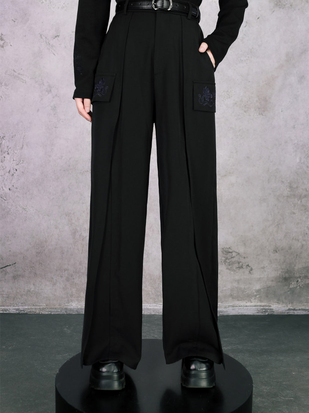 Black Iris Embroidered Flap-Pocket Wide-Leg Pants