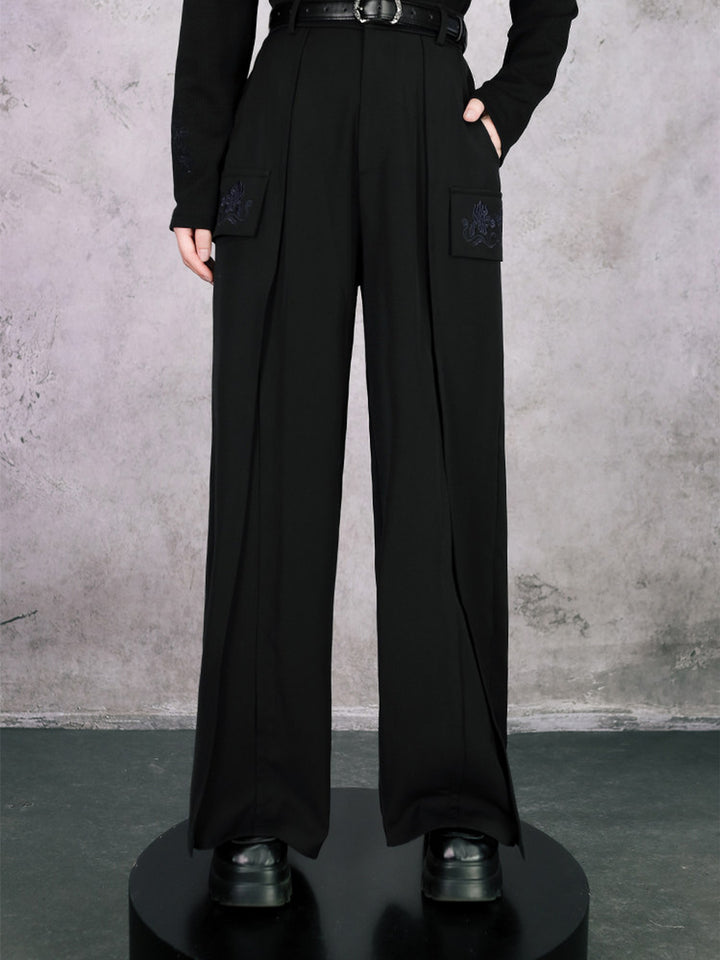 Black Iris Embroidered Flap-Pocket Wide-Leg Pants