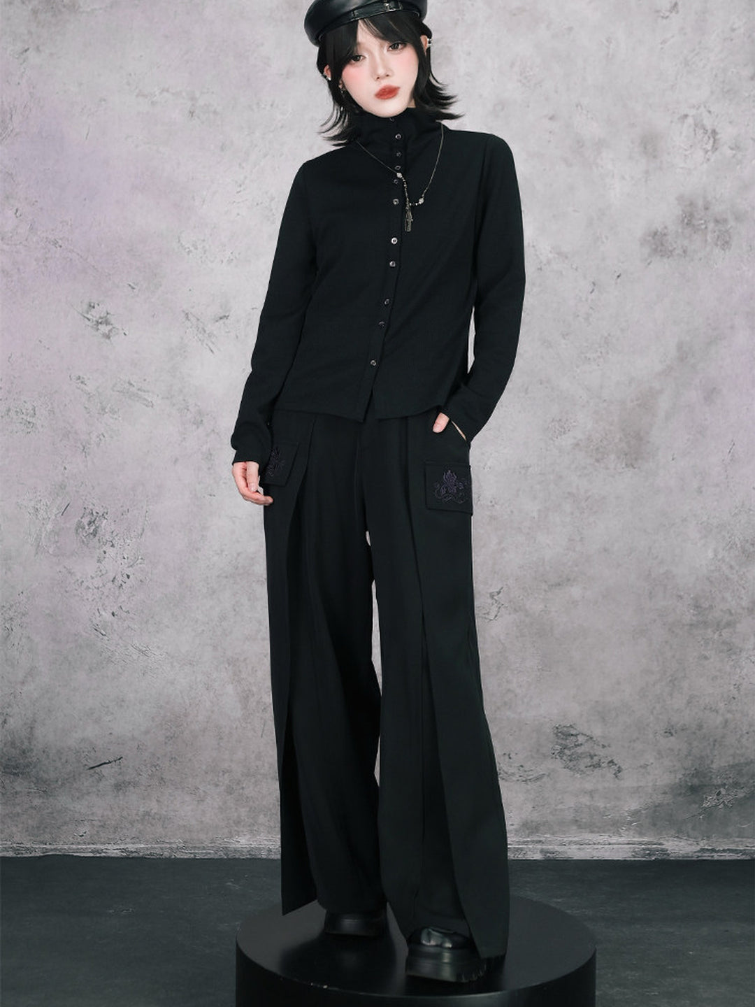 Black Iris Embroidered Flap-Pocket Wide-Leg Pants