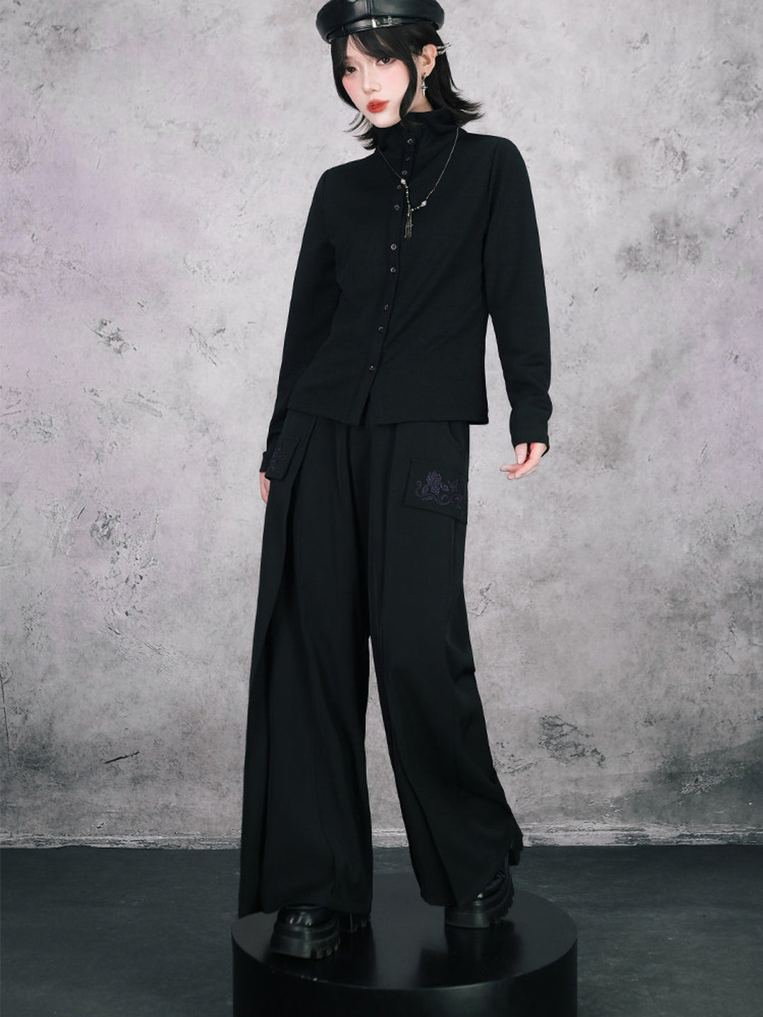 Black Iris Embroidered Flap-Pocket Wide-Leg Pants