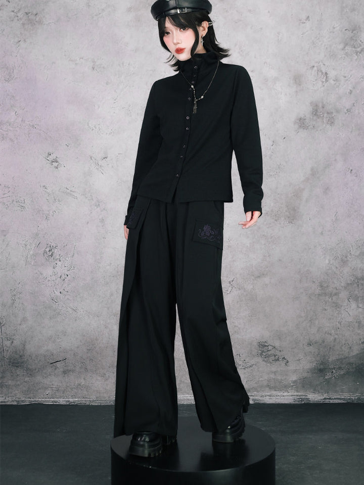 Black Iris Embroidered Flap-Pocket Wide-Leg Pants