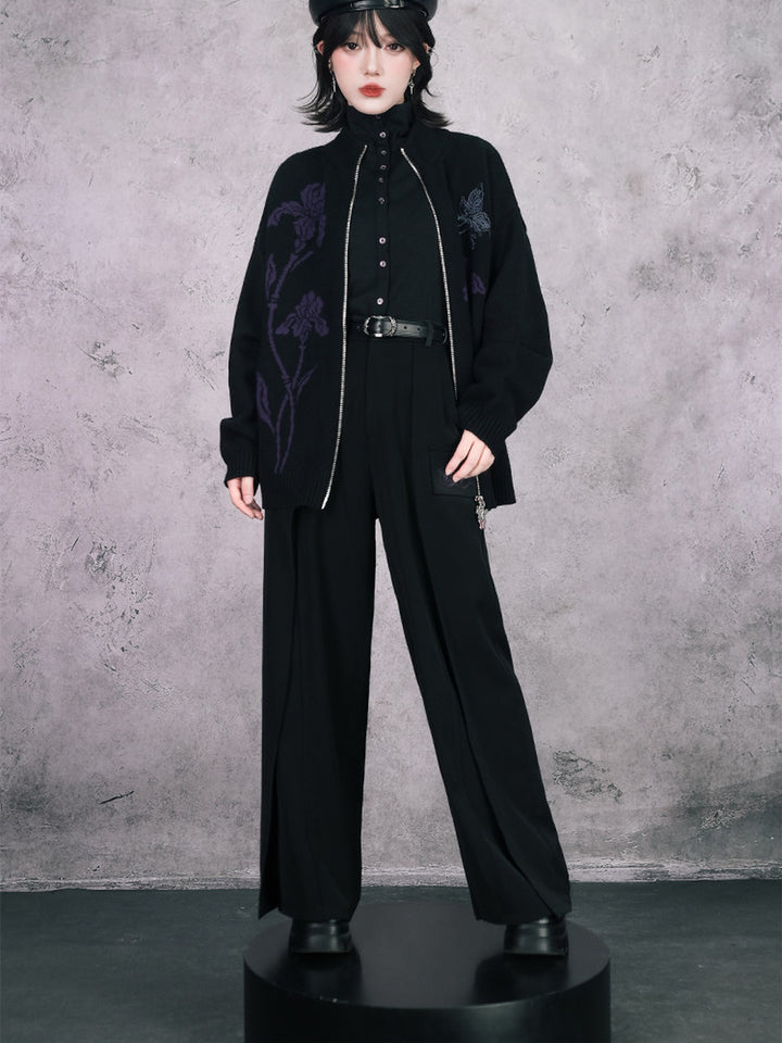 Black Iris Embroidered Flap-Pocket Wide-Leg Pants